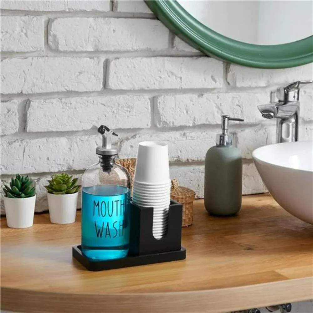 Glass Mouthwash Dispenser with Wood Tray Black Bathroom Countertop Organizer